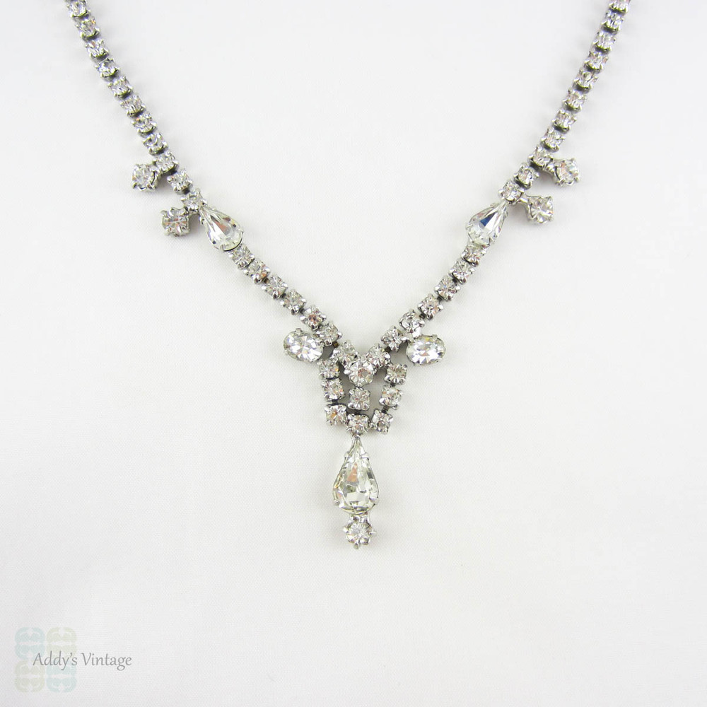 Vintage Rhinestone Necklace by La-Rel with Round, Pear and Oval Cut Rhinestones. Short Choker Wedding Necklace with Pear Drop, Circa 1950s.