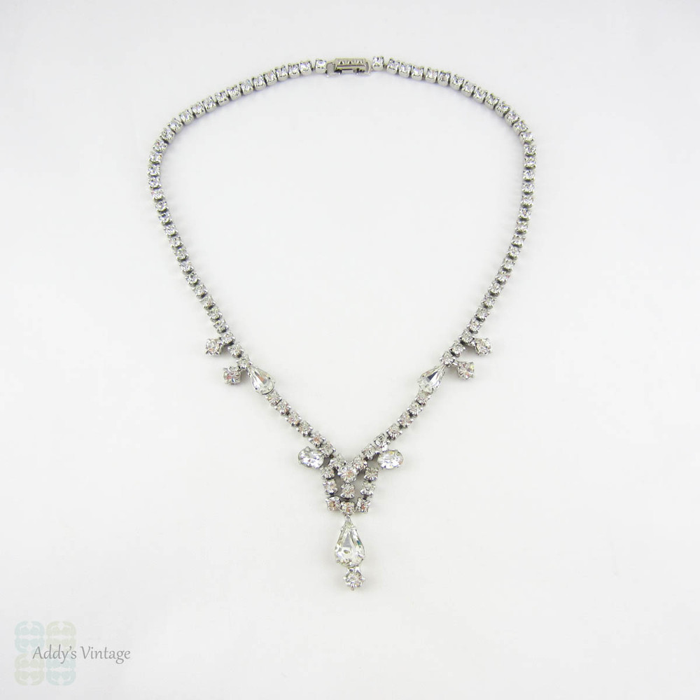 Vintage Rhinestone Necklace by La-Rel with Round, Pear and Oval Cut Rhinestones. Short Choker Wedding Necklace with Pear Drop, Circa 1950s.