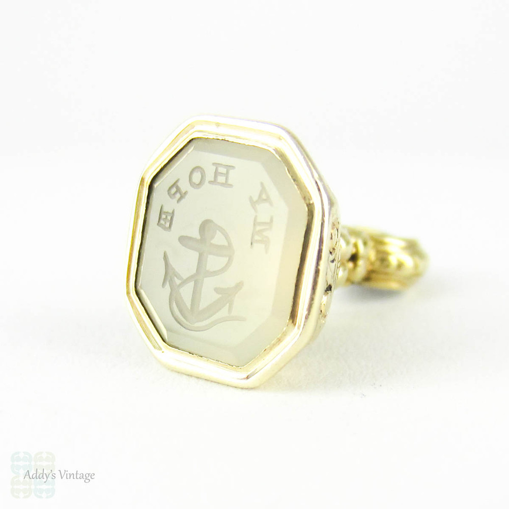 Antique Chalcedony Anchor Seal, Pinchbeck Small Fob with My Hope Engraved. Circa 1800s.