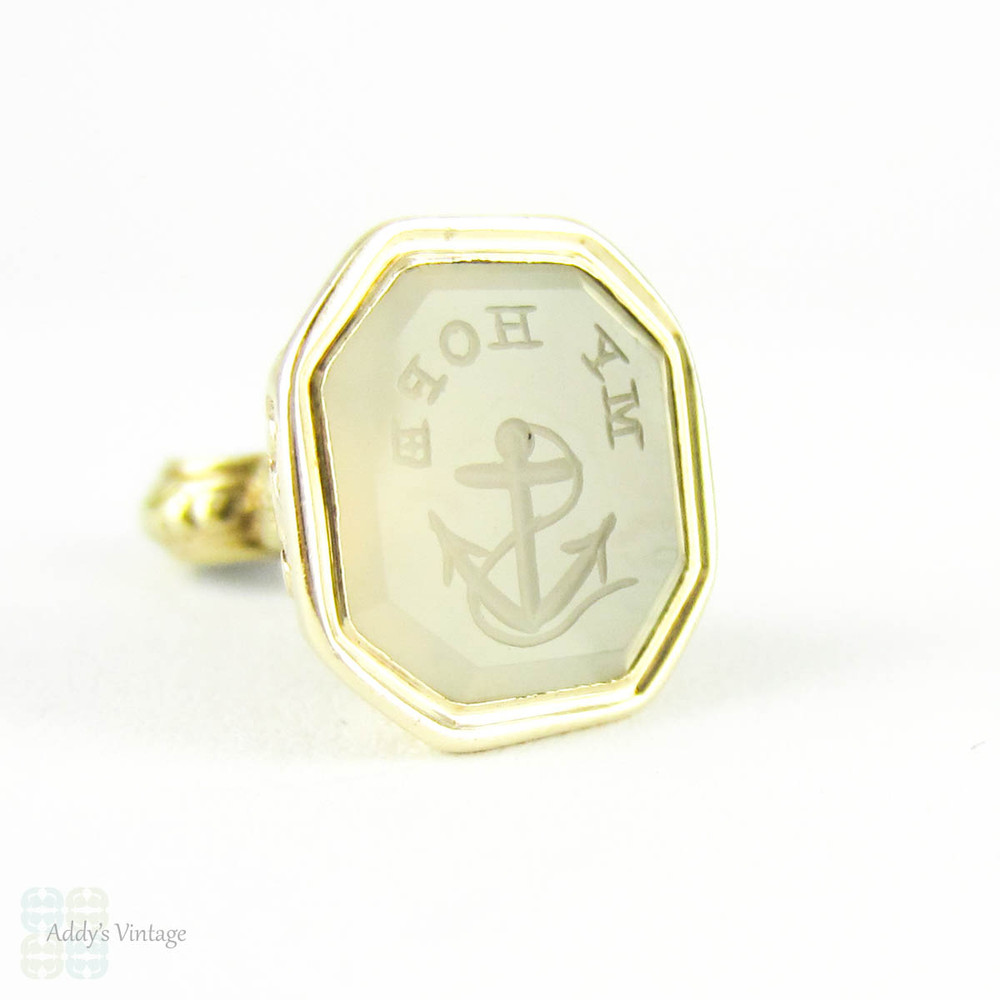 Antique Chalcedony Anchor Seal, Pinchbeck Small Fob with My Hope Engraved. Circa 1800s.