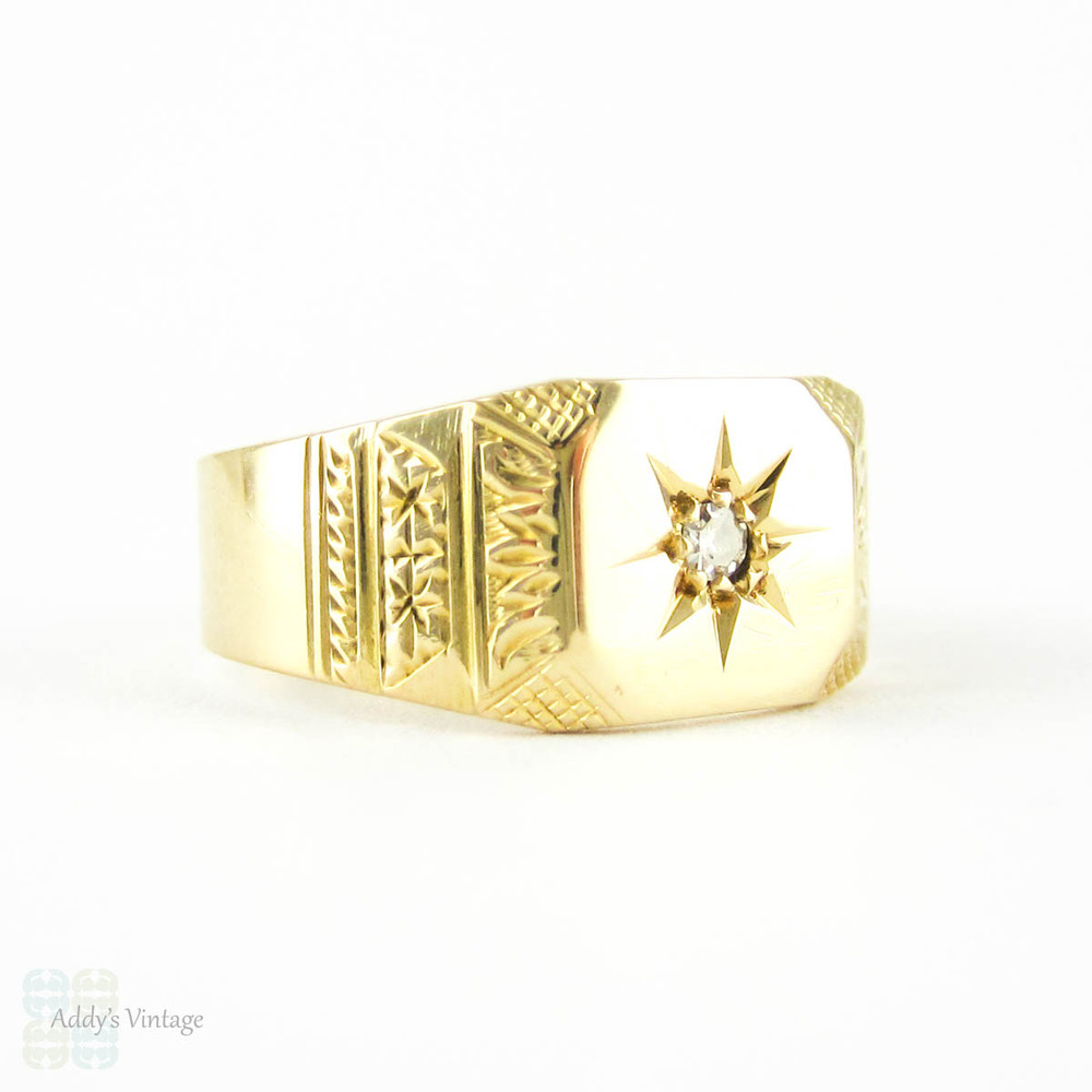 Art Deco Diamond Signet Ring, Engraved Men's Signet Ring with Single Diamond. 18ct Gold, Circa 1930s.