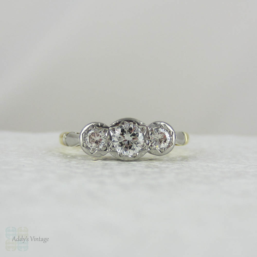 Vintage Diamond Trilogy Engagement Ring. Three Stone Round Brilliant Cut Diamond Ring in Yellow Gold & Platinum.