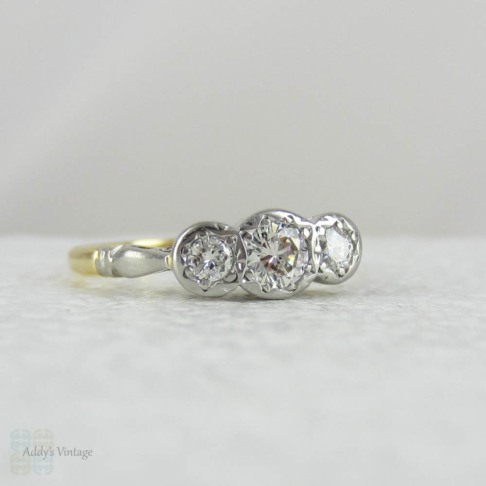 Vintage Diamond Trilogy Engagement Ring. Three Stone Round Brilliant Cut Diamond Ring in Yellow Gold & Platinum.