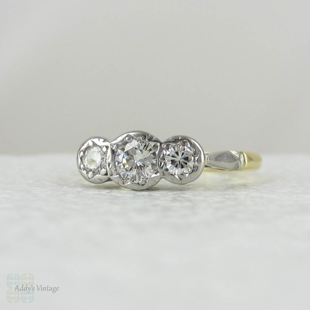 Vintage Diamond Trilogy Engagement Ring. Three Stone Round Brilliant Cut Diamond Ring in Yellow Gold & Platinum.
