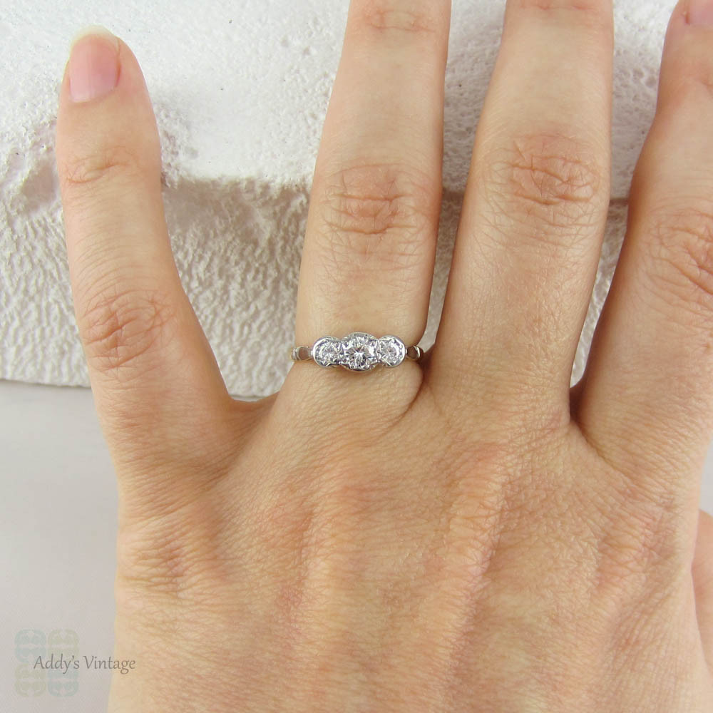 Vintage Diamond Trilogy Engagement Ring. Three Stone Round Brilliant Cut Diamond Ring in Yellow Gold & Platinum.