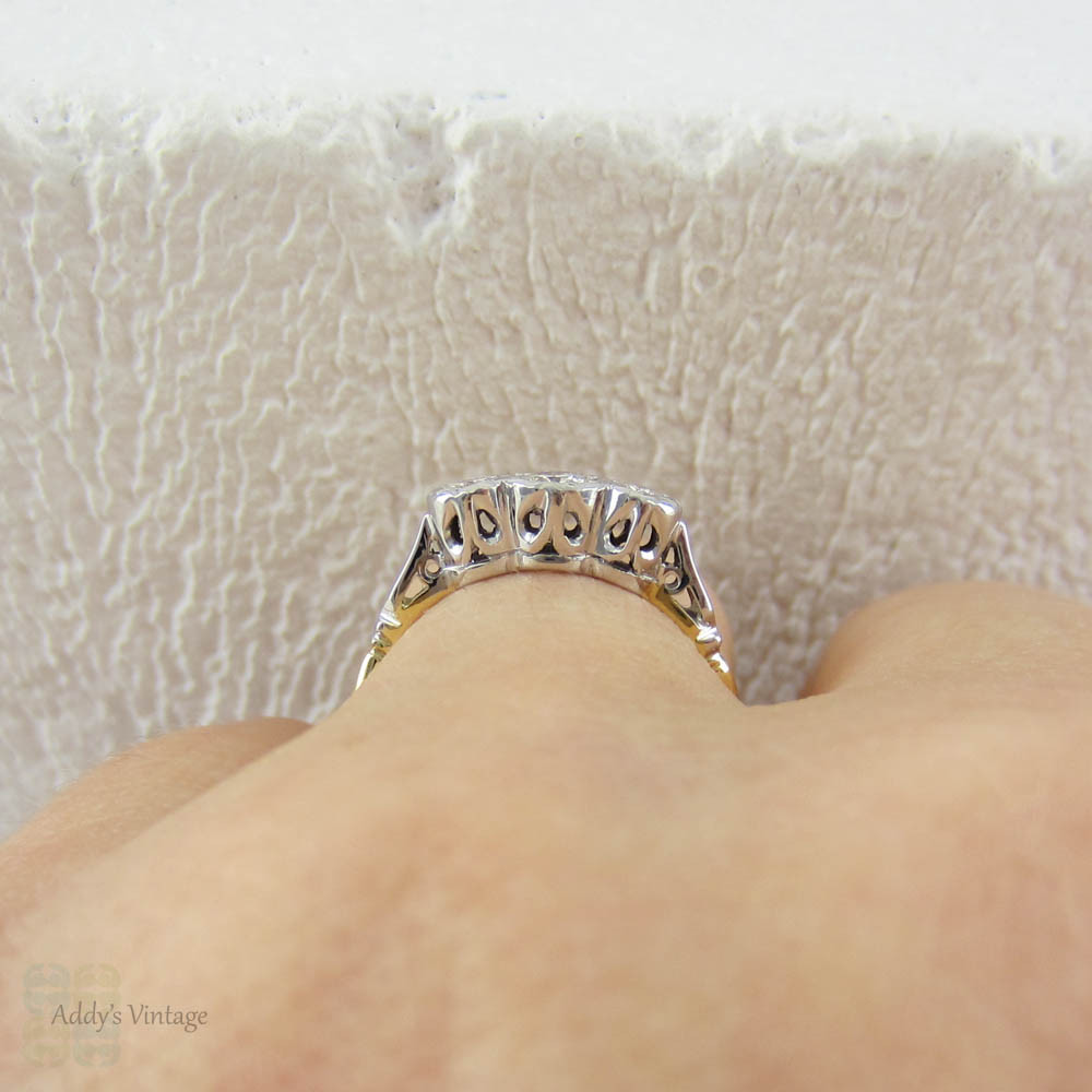 Vintage Diamond Trilogy Engagement Ring. Three Stone Round Brilliant Cut Diamond Ring in Yellow Gold & Platinum.
