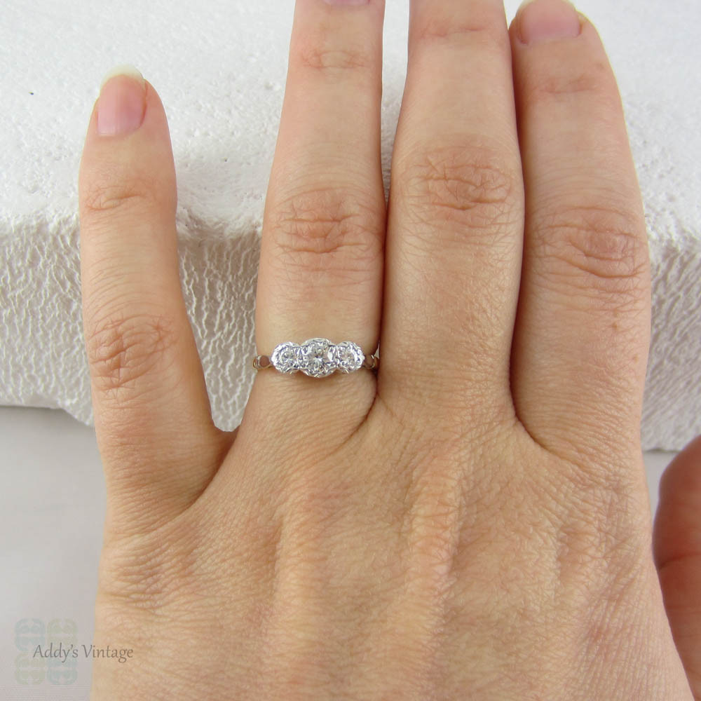 Vintage Diamond Trilogy Engagement Ring. Three Stone Round Brilliant Cut Diamond Ring in Yellow Gold & Platinum.