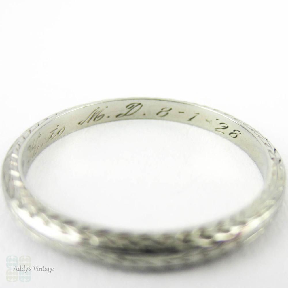 Art Deco Engraved Wedding Ring, 18K White Gold Wheat Pattern Design Band with Engraved Sides, Circa 1920s. Size L / 6.