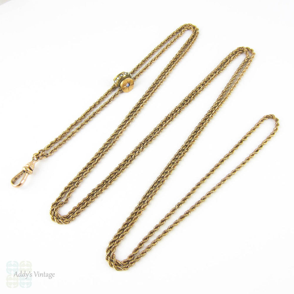Victorian Gold Filled Long Guard Chain with Opal & Seed Pearl Slider. Antique Rope Chain Necklace with Dog Clip. Circa 1900, 117 cm / 48 inches.