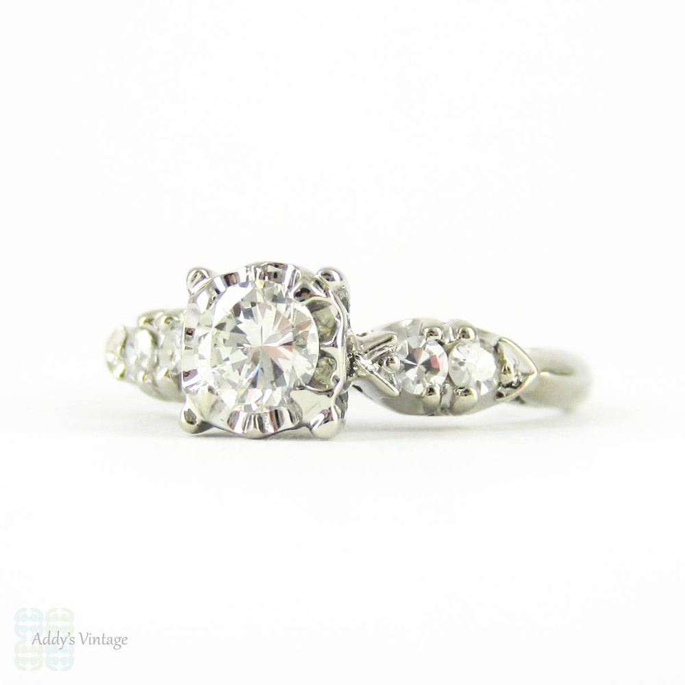 Diamond Engagement Ring, Vintage Round Brilliant Cut Diamond in 1940s Illusion Style 14K White Gold Setting, 0.45 ctw.