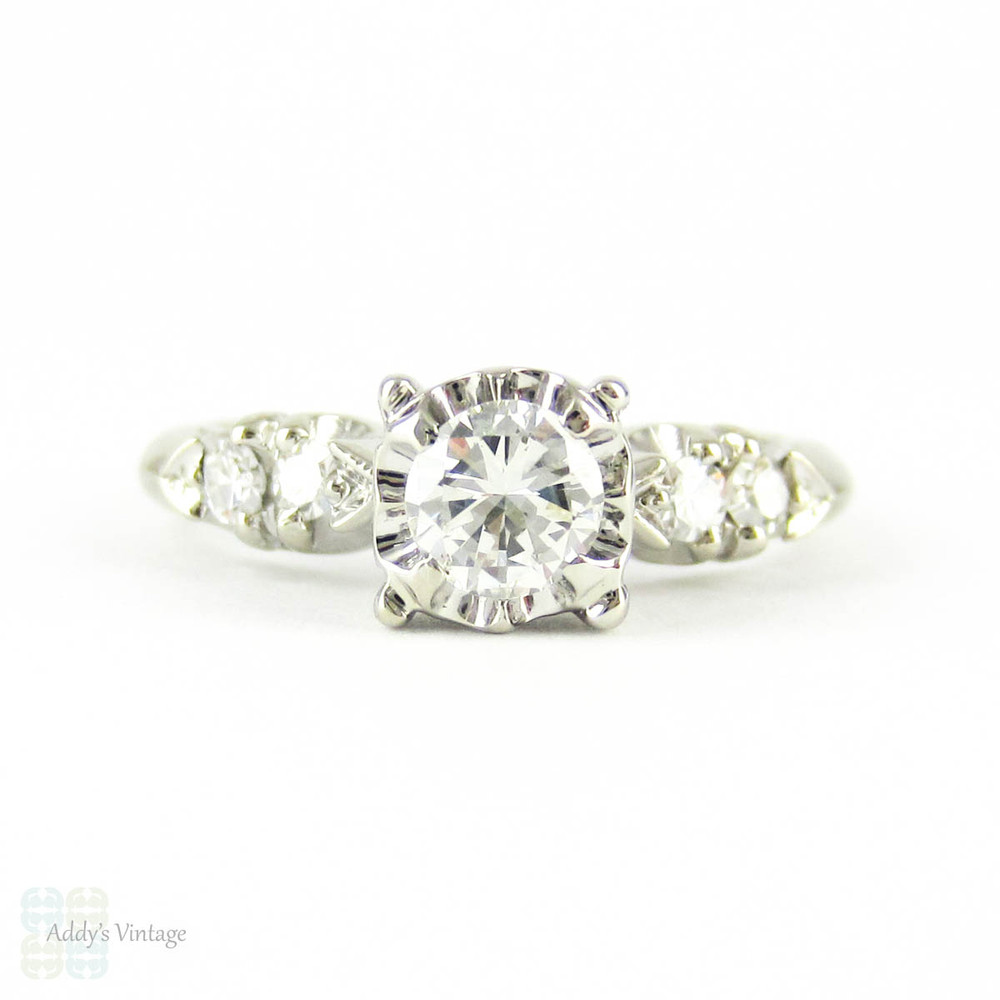 Diamond Engagement Ring, Vintage Round Brilliant Cut Diamond in 1940s Illusion Style 14K White Gold Setting, 0.45 ctw.