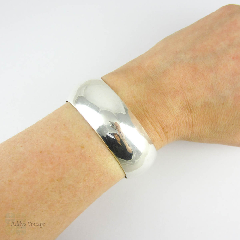 SALE Vintage Sterling Silver Cuff Bracelet, Heavy Domed Mid 20th Century Simple Half Round Bracelet for Small Wrist.
