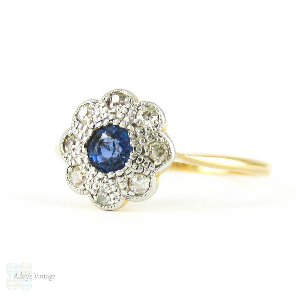 Antique Sapphire & Diamond Engagement Ring, Edwardian Cornflower Blue Sapphire with Diamond Halo in Floral Cluster Shape. 18ct & Plat.