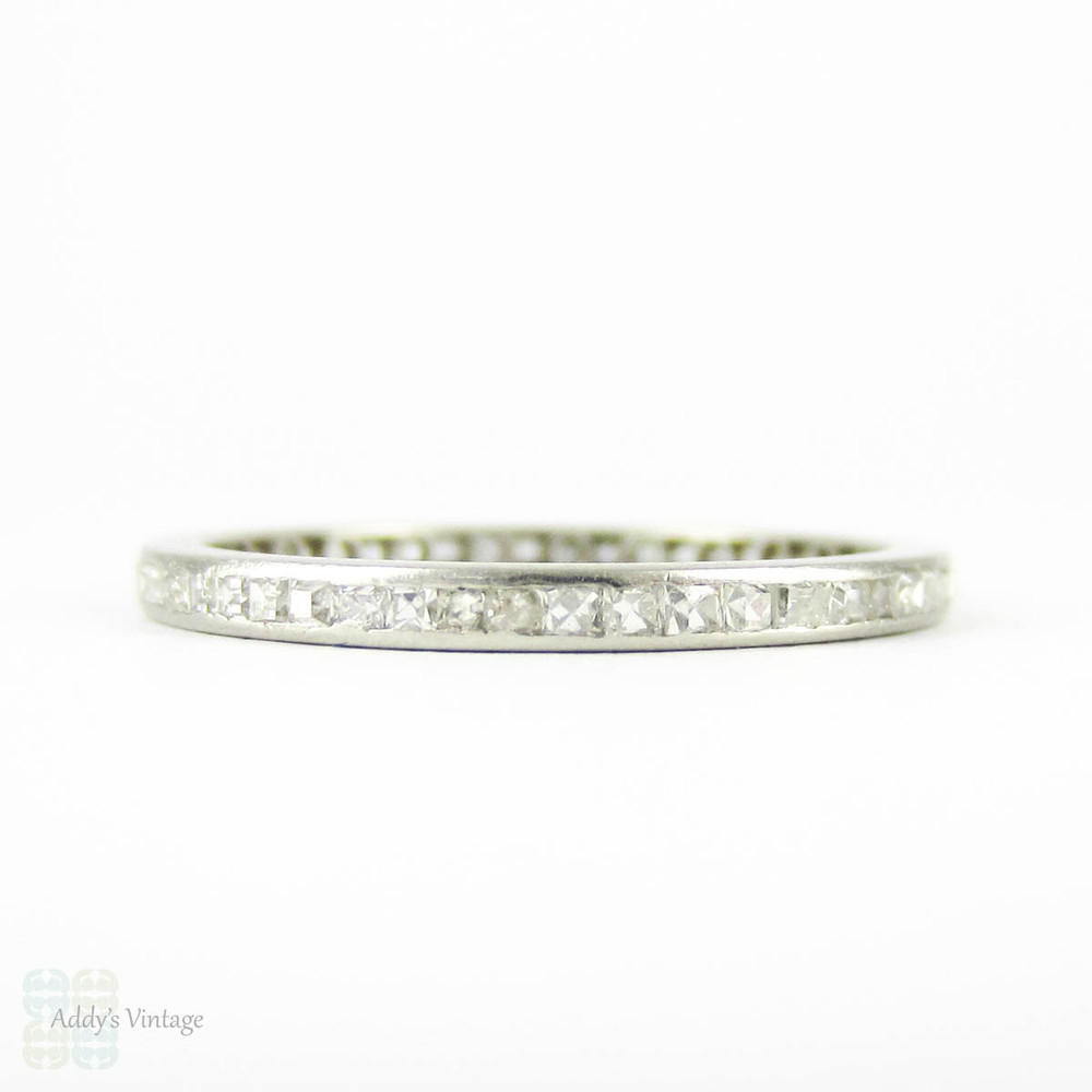 Art Deco Diamond Eternity Ring, Square Table Cut & Carre Cut Diamonds in Channel Set Band. Platinum, Circa 1920s, Size O.5 / 7.5.