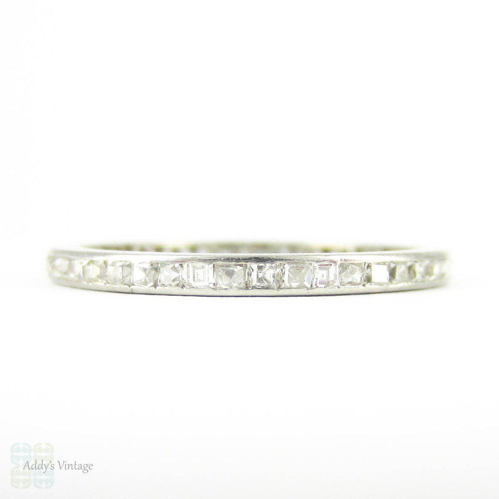 Art Deco Diamond Eternity Ring, Square Table Cut & Carre Cut Diamonds in Channel Set Band. Platinum, Circa 1920s, Size O.5 / 7.5.