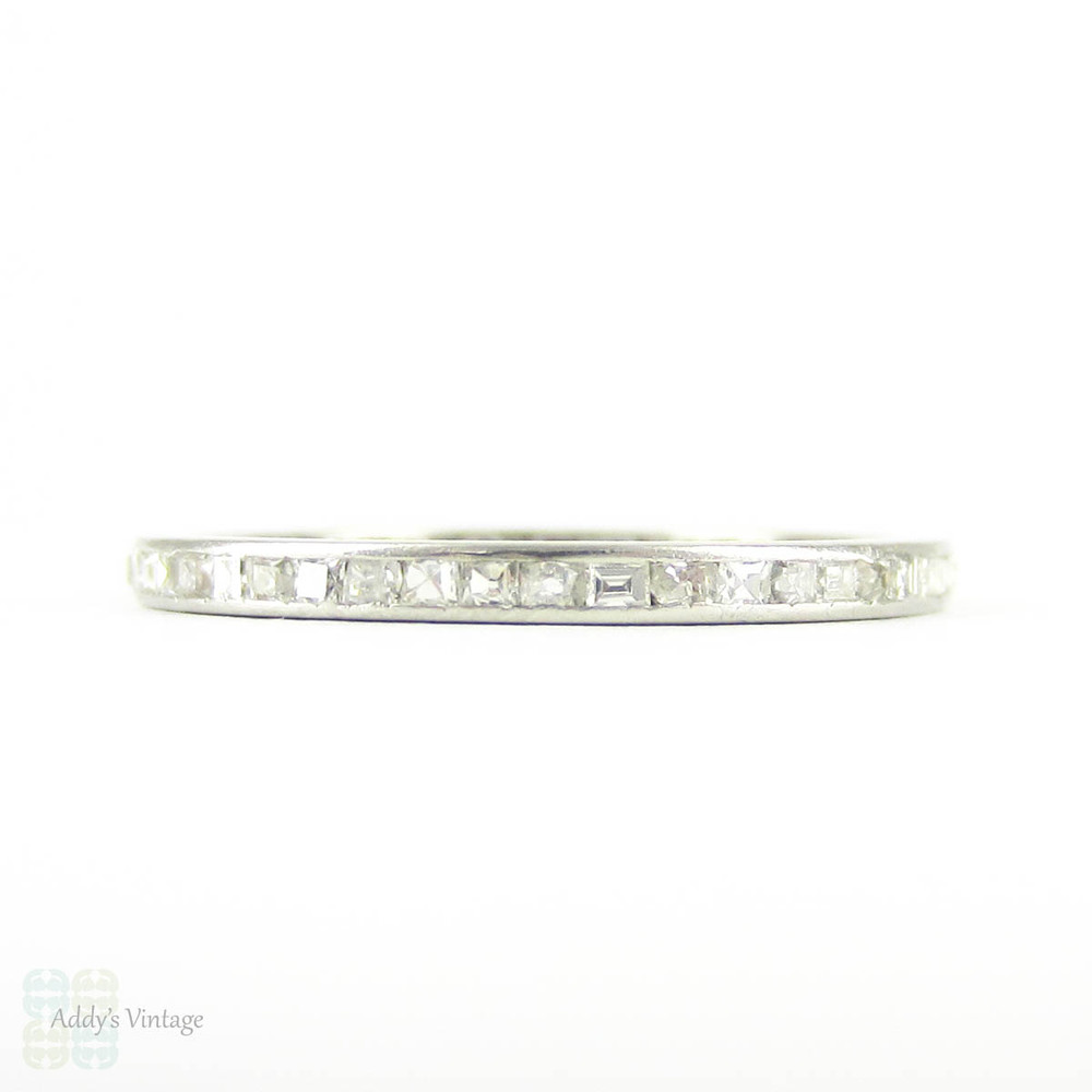 Art Deco Diamond Eternity Ring, Square Table Cut & Carre Cut Diamonds in Channel Set Band. Platinum, Circa 1920s, Size O.5 / 7.5.