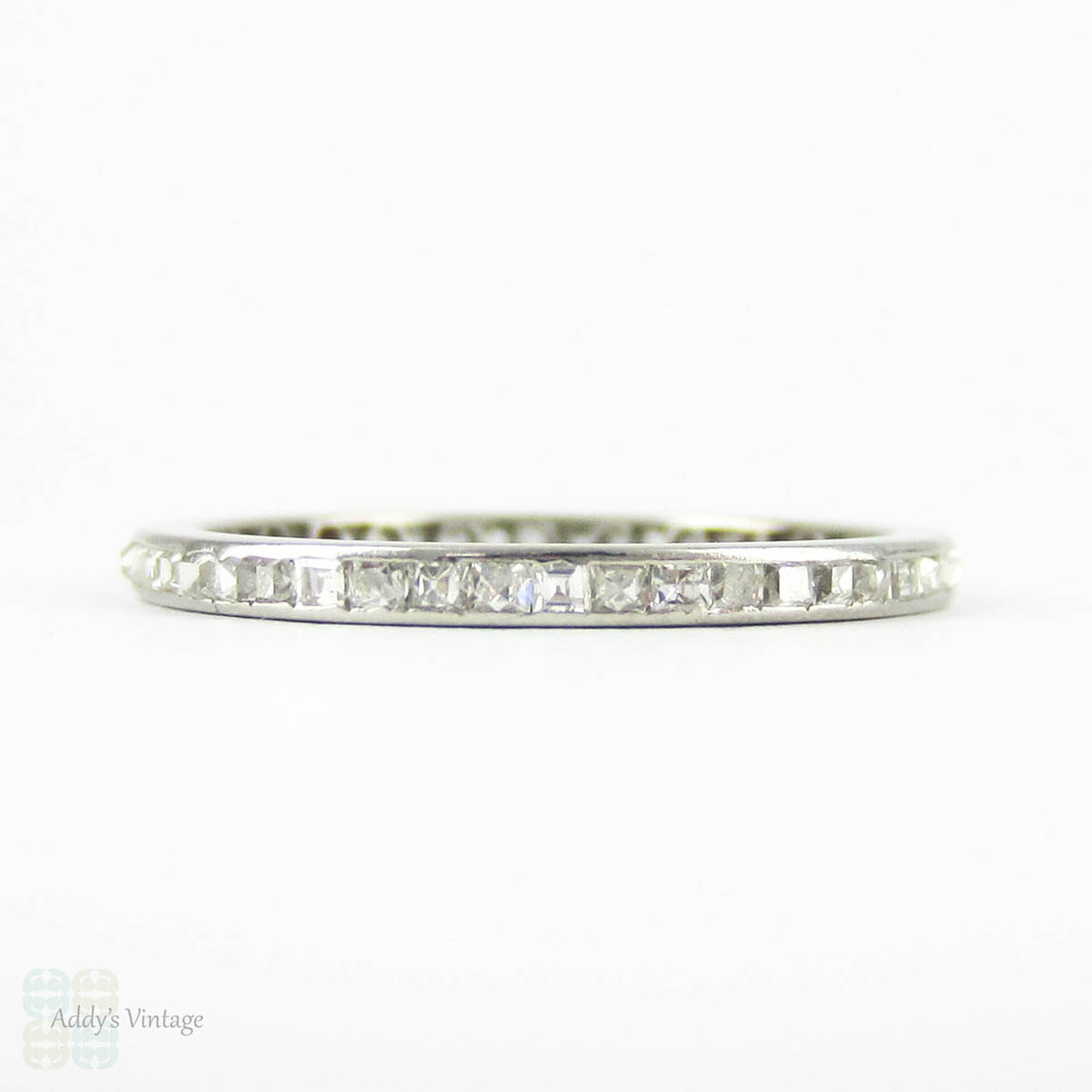 Art Deco Diamond Eternity Ring, Square Table Cut & Carre Cut Diamonds in Channel Set Band. Platinum, Circa 1920s, Size O.5 / 7.5.
