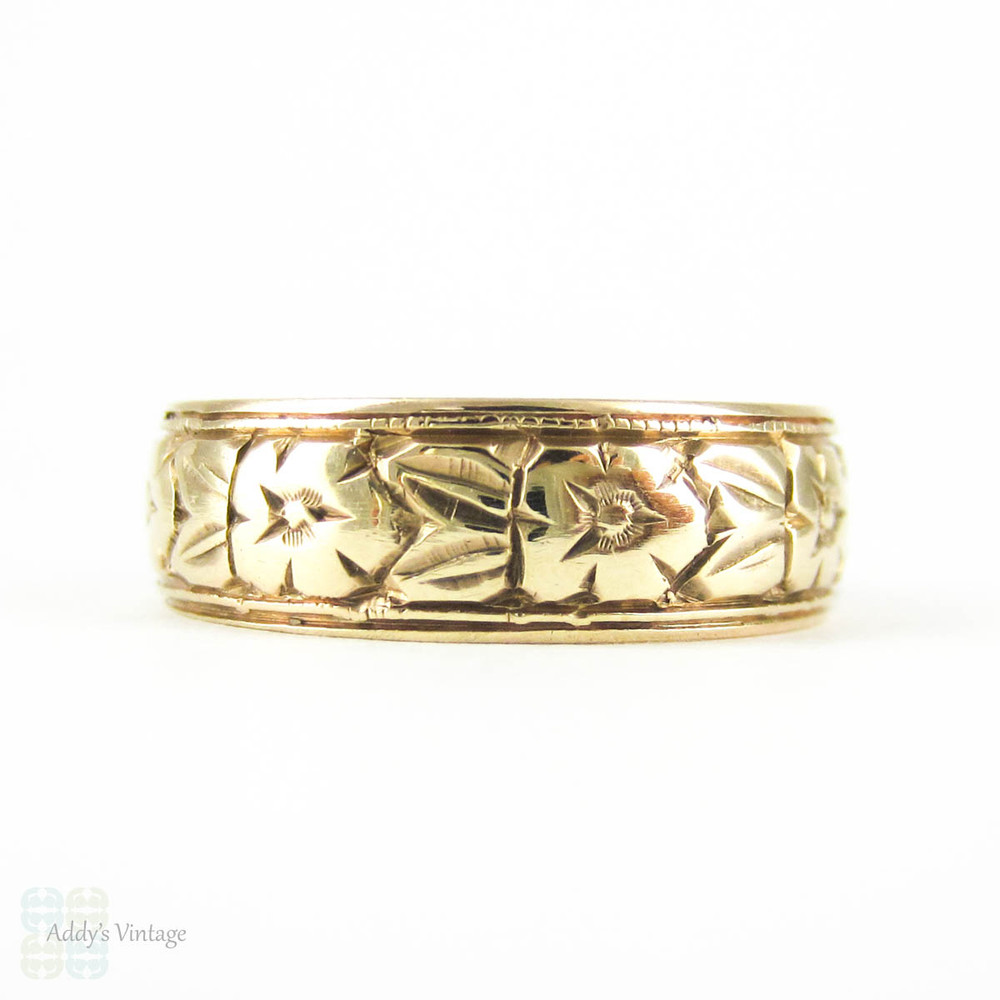 Antique 9ct Orange Blossom Wedding Ring, Engraved Flower Design Wedding Band. Circa 1900, Size N.5 / 7.