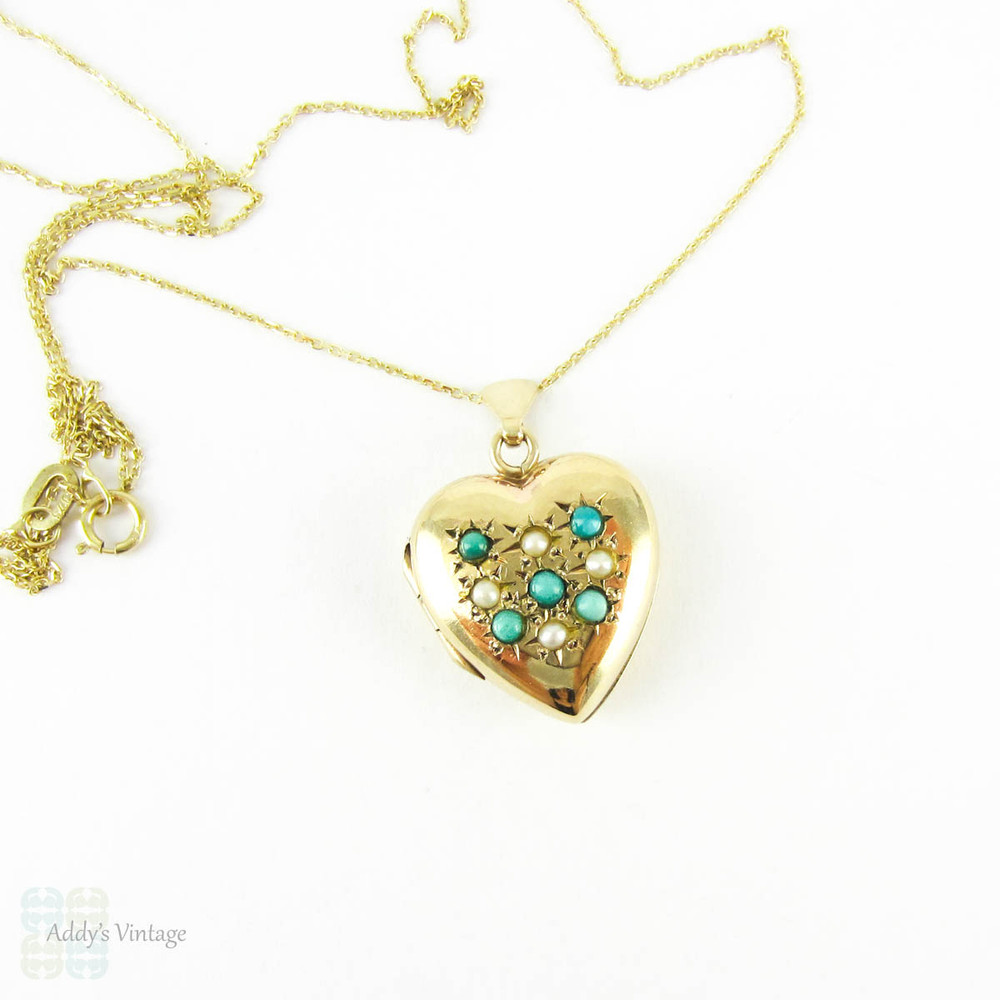 Vintage 9ct Gold Heart Locket, Turquoise & Split Pearl Puffy Love Heart Shape Photo Locket. Circa 1970s.
