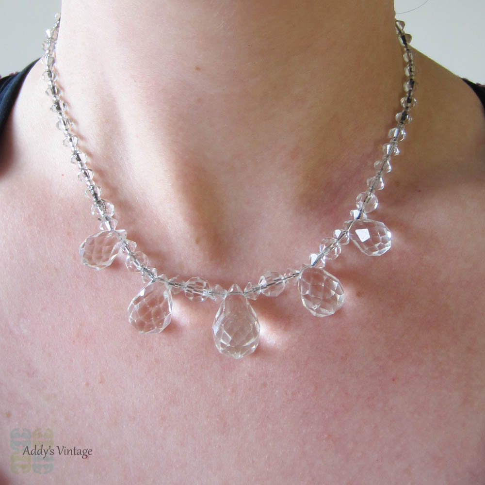 Art Deco Crystal Beaded Necklace. Leaded Glass Crystals in Teardrop Pear Shape on Original Wire. Short Bridal Necklace, Circa 1930s.