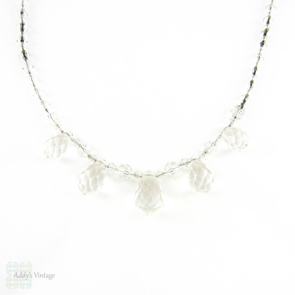 Art Deco Crystal Beaded Necklace. Leaded Glass Crystals in Teardrop Pear Shape on Original Wire. Short Bridal Necklace, Circa 1930s.