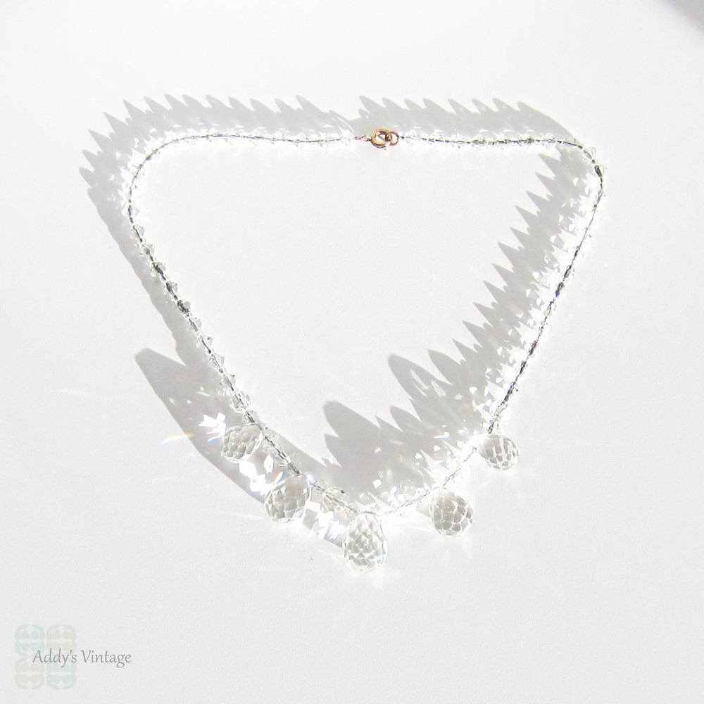 Art Deco Crystal Beaded Necklace. Leaded Glass Crystals in Teardrop Pear Shape on Original Wire. Short Bridal Necklace, Circa 1930s.