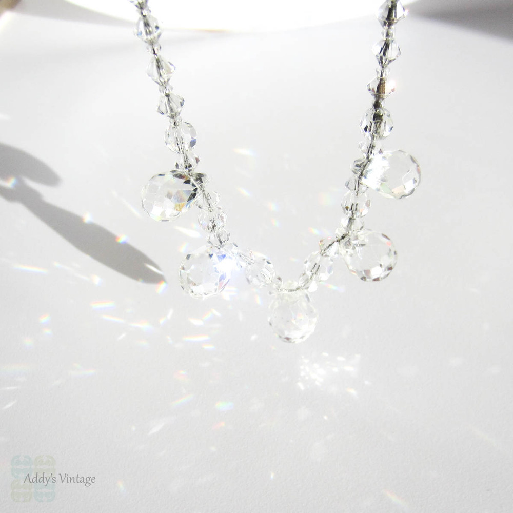 Art Deco Crystal Beaded Necklace. Leaded Glass Crystals in Teardrop Pear Shape on Original Wire. Short Bridal Necklace, Circa 1930s.