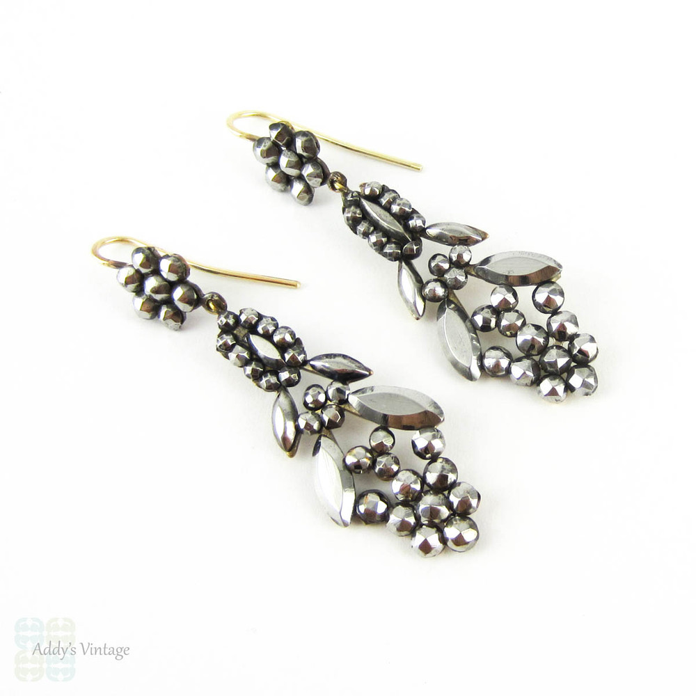 Antique Cut Steel Earrings, Victorian Cluster Cut Steel Hobnail & Leaf Design. 9ct Gold Earwires, Circa 1860s.