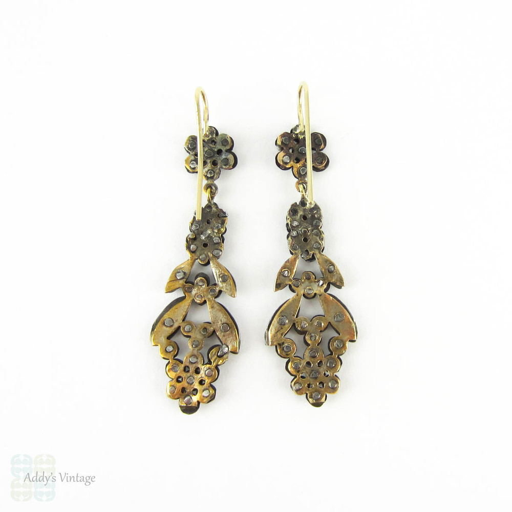 Antique Cut Steel Earrings, Victorian Cluster Cut Steel Hobnail & Leaf Design. 9ct Gold Earwires, Circa 1860s.