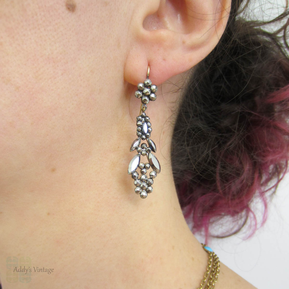 Antique Cut Steel Earrings, Victorian Cluster Cut Steel Hobnail & Leaf Design. 9ct Gold Earwires, Circa 1860s.