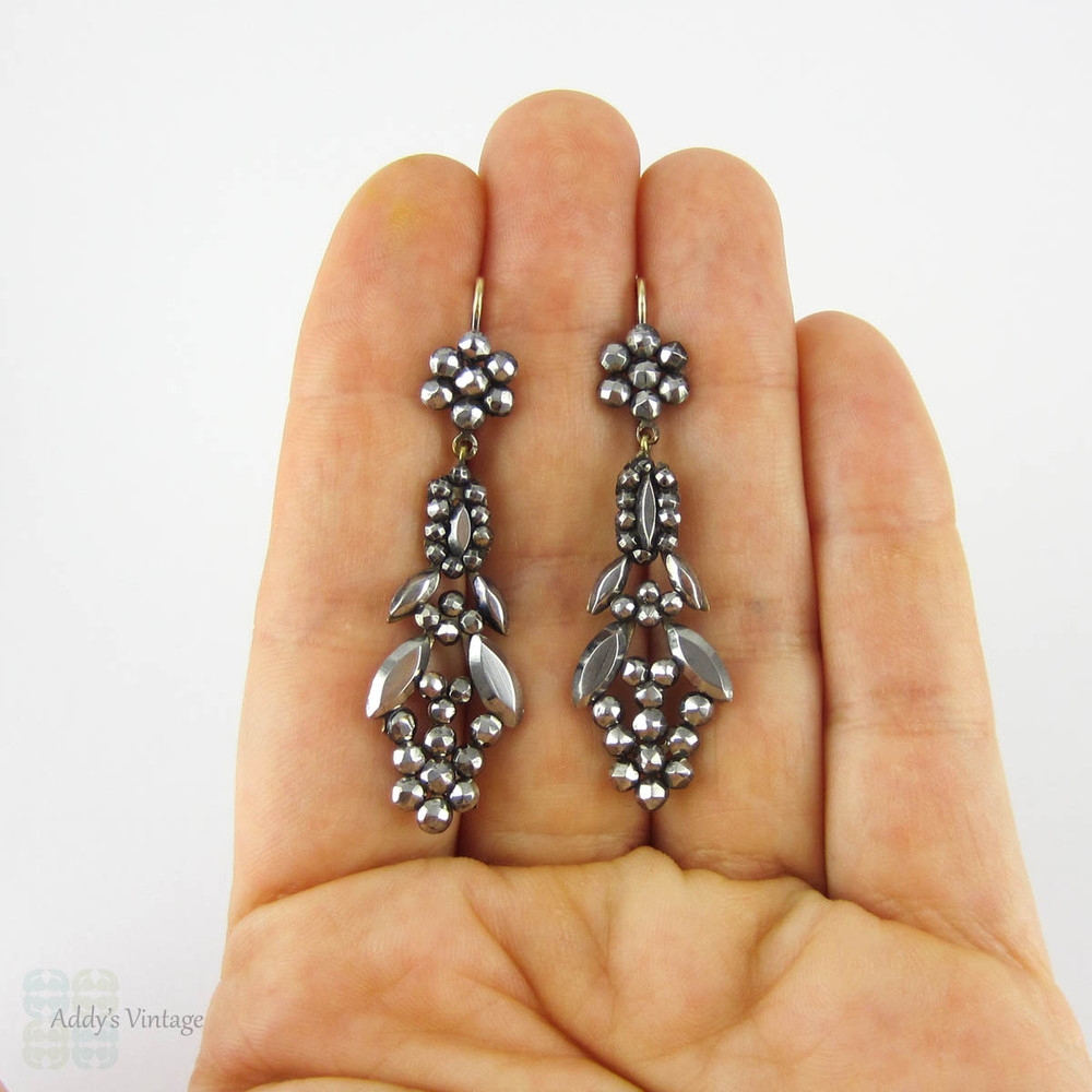 Antique Cut Steel Earrings, Victorian Cluster Cut Steel Hobnail & Leaf Design. 9ct Gold Earwires, Circa 1860s.