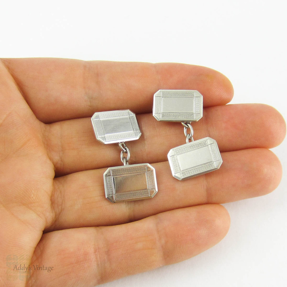 Art Deco Sterling Silver Cuff Links, Men's Rectangular Shape Engine Turned Double Faced Cufflinks. Circa 1930s.