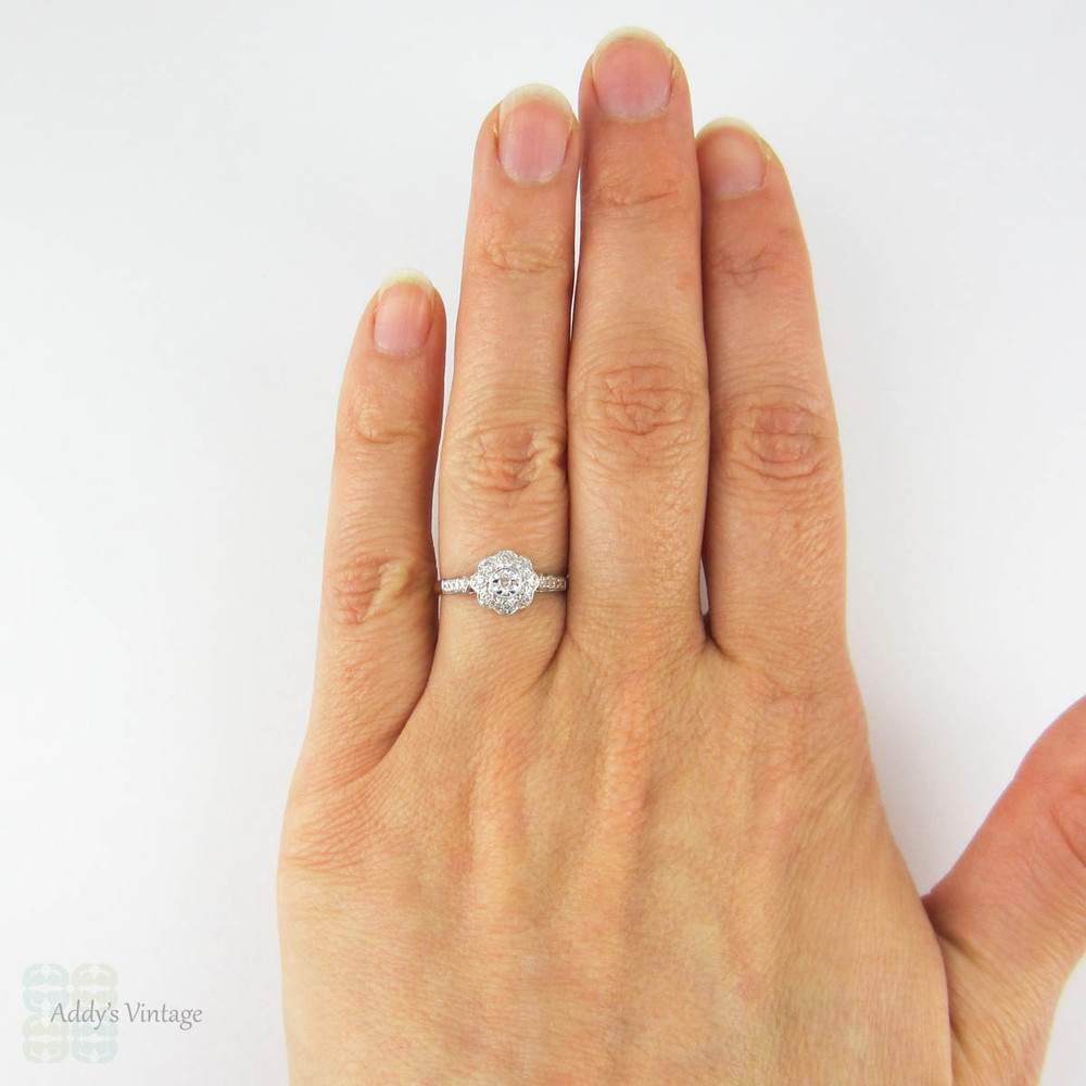 Vintage Diamond Engagement Ring, Daisy Flower Shape Cluster Ring with Engraved Setting. Circa 1960s.