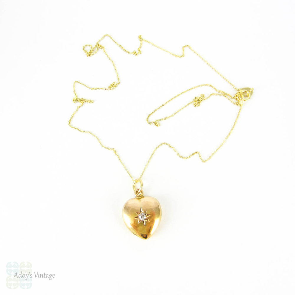Victorian 15ct Puffed Heart Pendant with Old Cut Diamond, Circa 1890s.