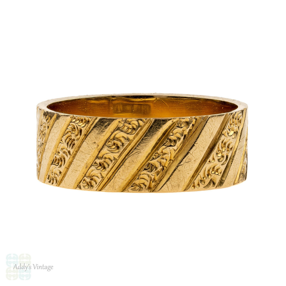 Antique Engraved 18ct Gold Ring, Wide 18k Victorian Band. Size H.5 / 4.25.
