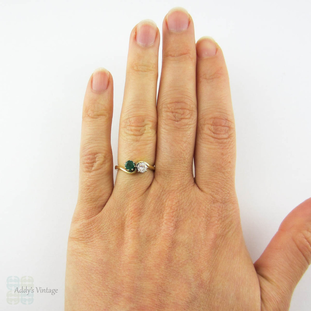 Diamond & Emerald Toi et Moi Engagement Ring, Vintage Two Stone Ring in 18 Carat Yellow Gold