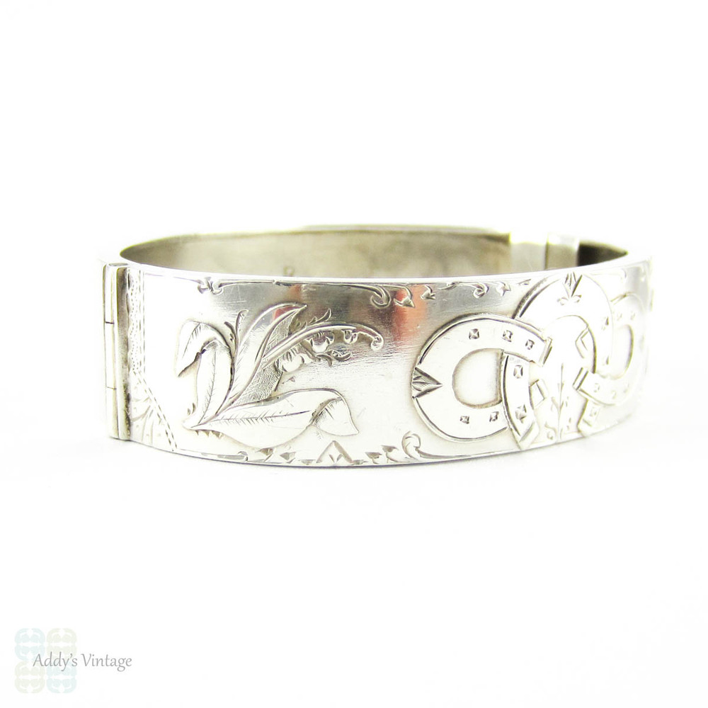 Antique Victorian Sterling Silver Bracelet, Horseshoe & Lily Of