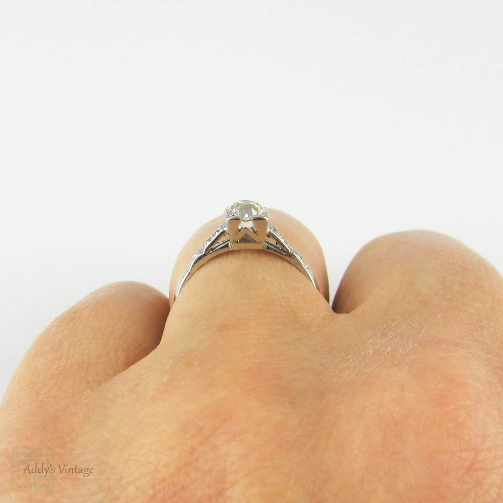 Old Mine Cut Diamond Engagement Ring, 0.61 ct Antique Diamond in Art Deco Square Shape Platinum Mount.