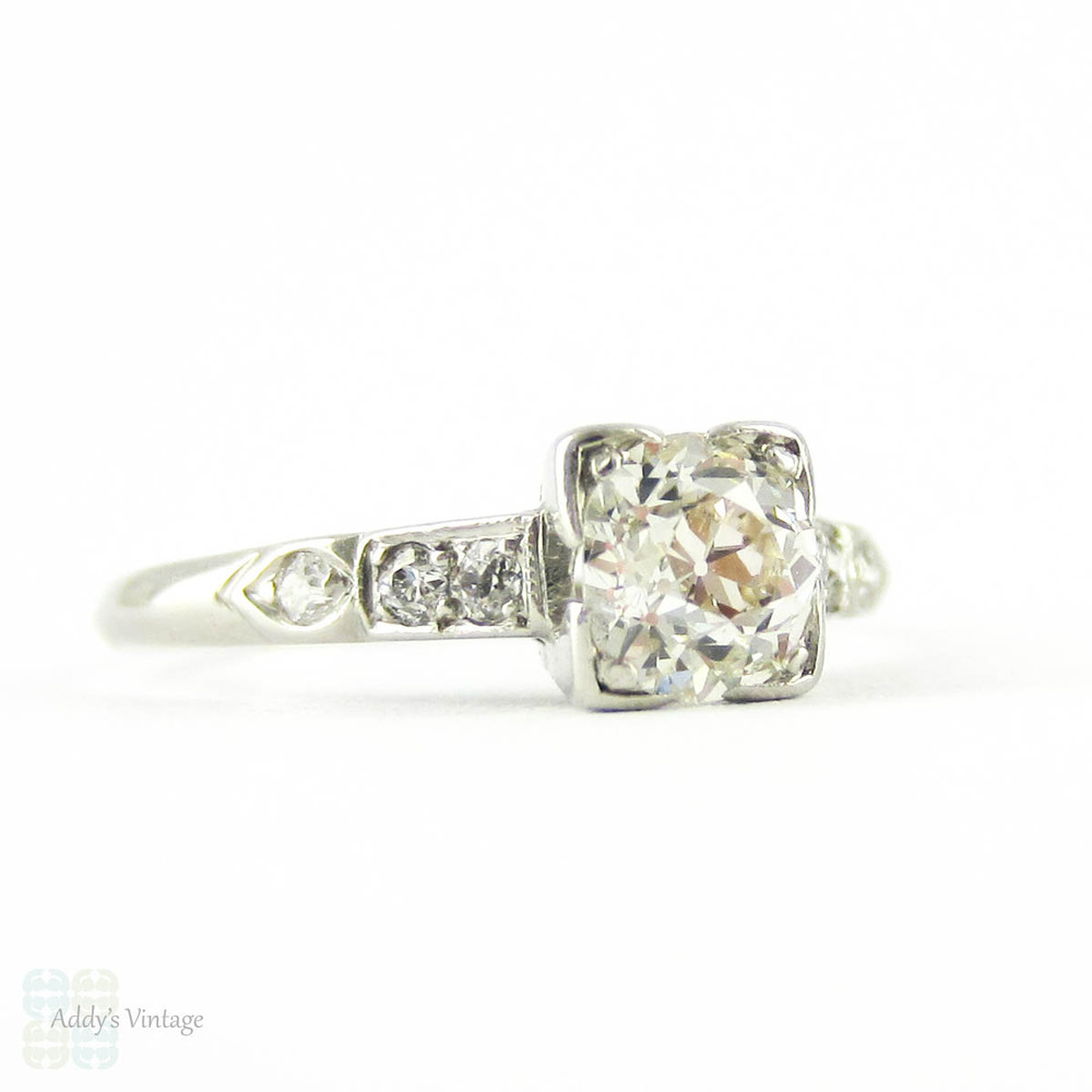 Old Mine Cut Diamond Engagement Ring, 0.61 ct Antique Diamond in Art Deco Square Shape Platinum Mount.