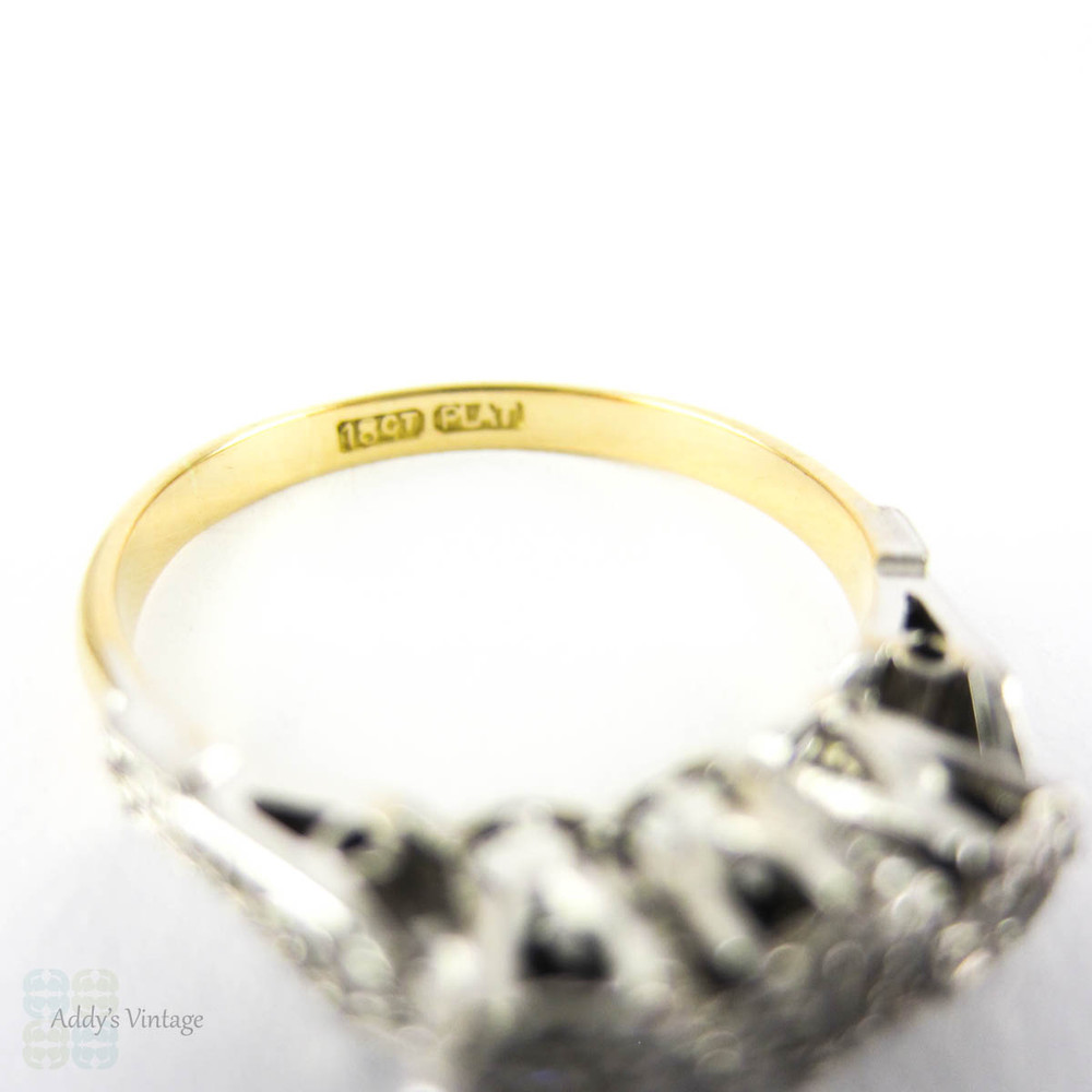 Art Deco Diamond Engagement Ring, Three Stone Diamond Ring in Engraved Setting with Milgrain. 18ct & PLAT, Circa 1930s.