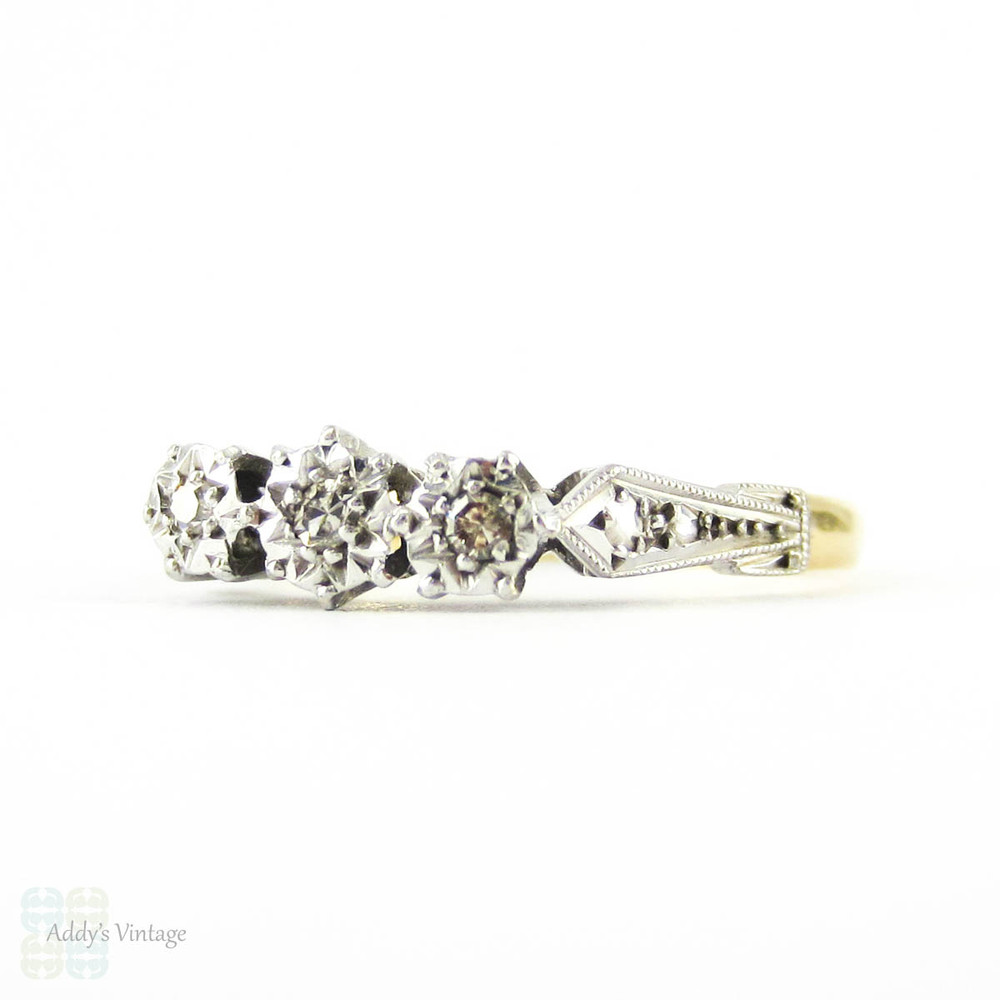 Art Deco Diamond Engagement Ring, Three Stone Diamond Ring in Engraved Setting with Milgrain. 18ct & PLAT, Circa 1930s.
