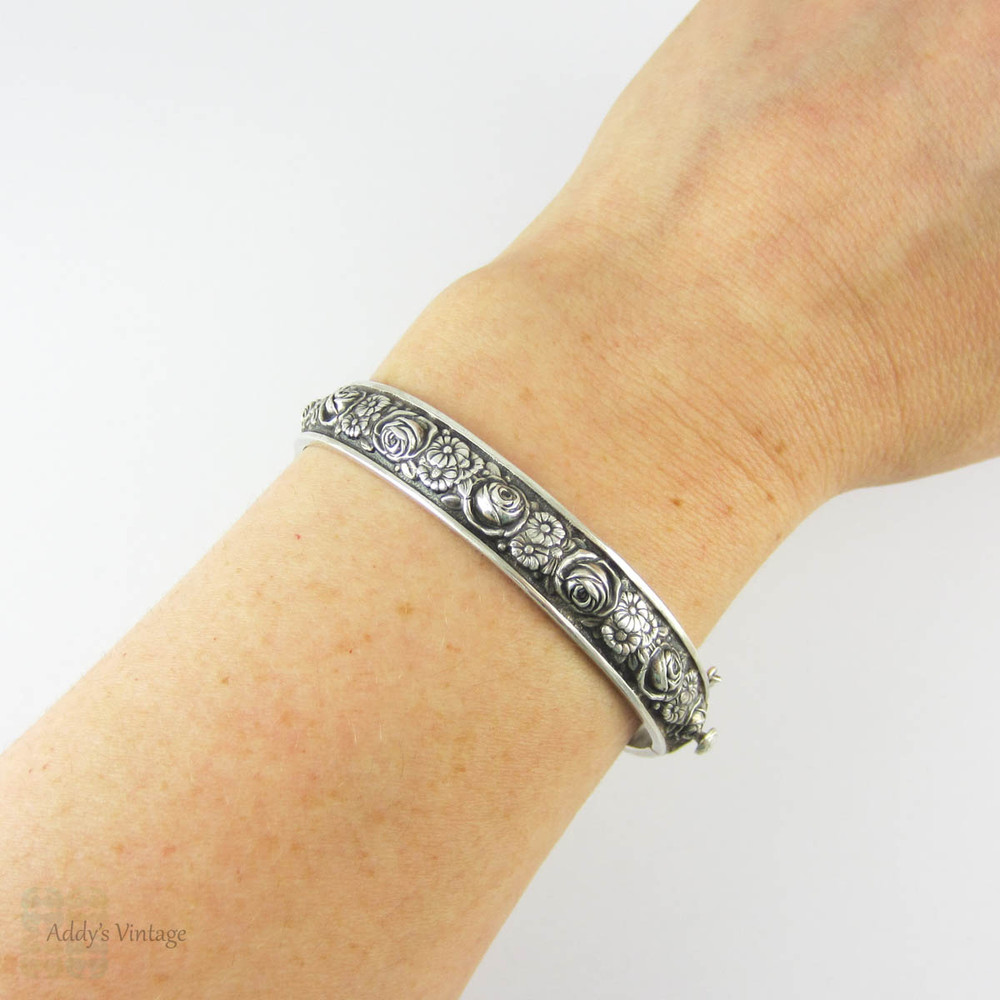 Vintage Silver Bangle Bracelet, Rose & Daisy Floral Repoussé