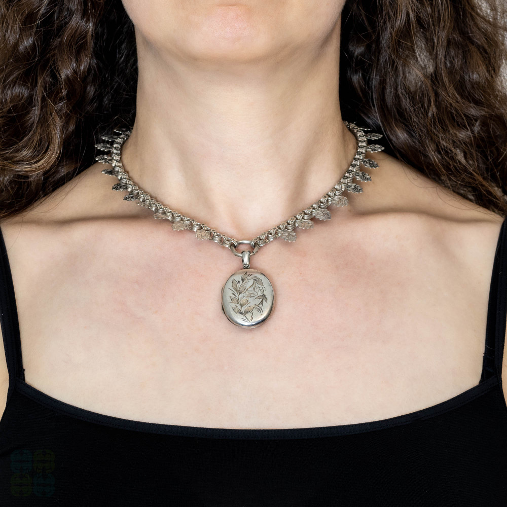 Victorian Sterling Silver Necklace & Locket, Antique Oak Leaf Chain with Large Morning Glory.