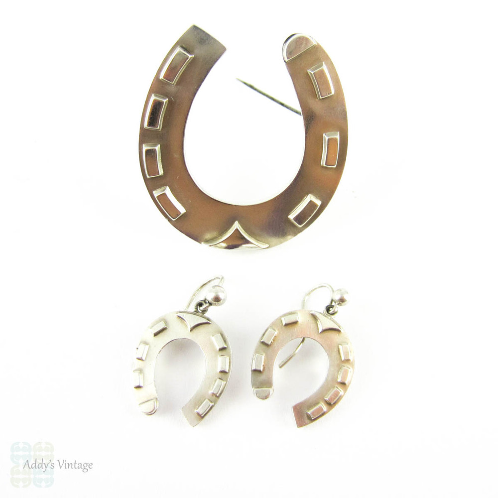 Victorian Horseshoe Earring & Brooch Set, Sterling Silver DemiParure