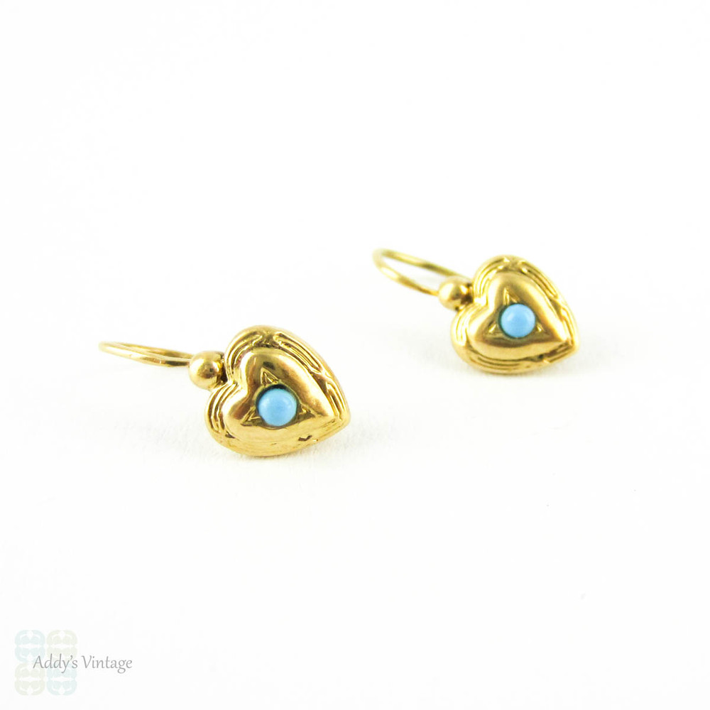 Antique Heart & Turquoise Paste Earrings, 18 Carat Yellow Gold