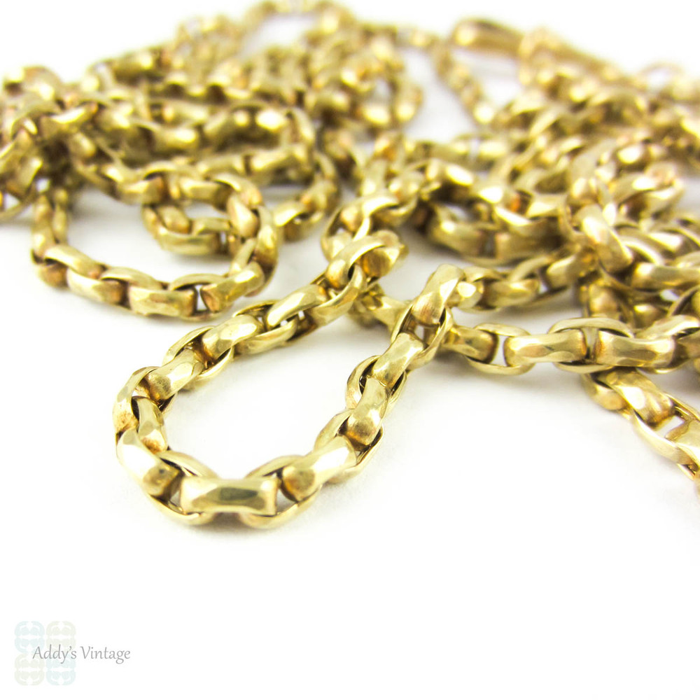 Antique Pinchbeck Long Guard Chain, Heavy Faceted Link Muff Chain Necklace with Dog Clip. 144 cm / 56.7 inches.