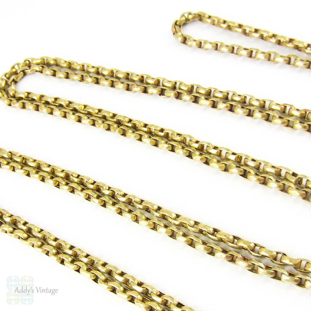 Antique Pinchbeck Long Guard Chain, Heavy Faceted Link Muff Chain Necklace with Dog Clip. 144 cm / 56.7 inches.