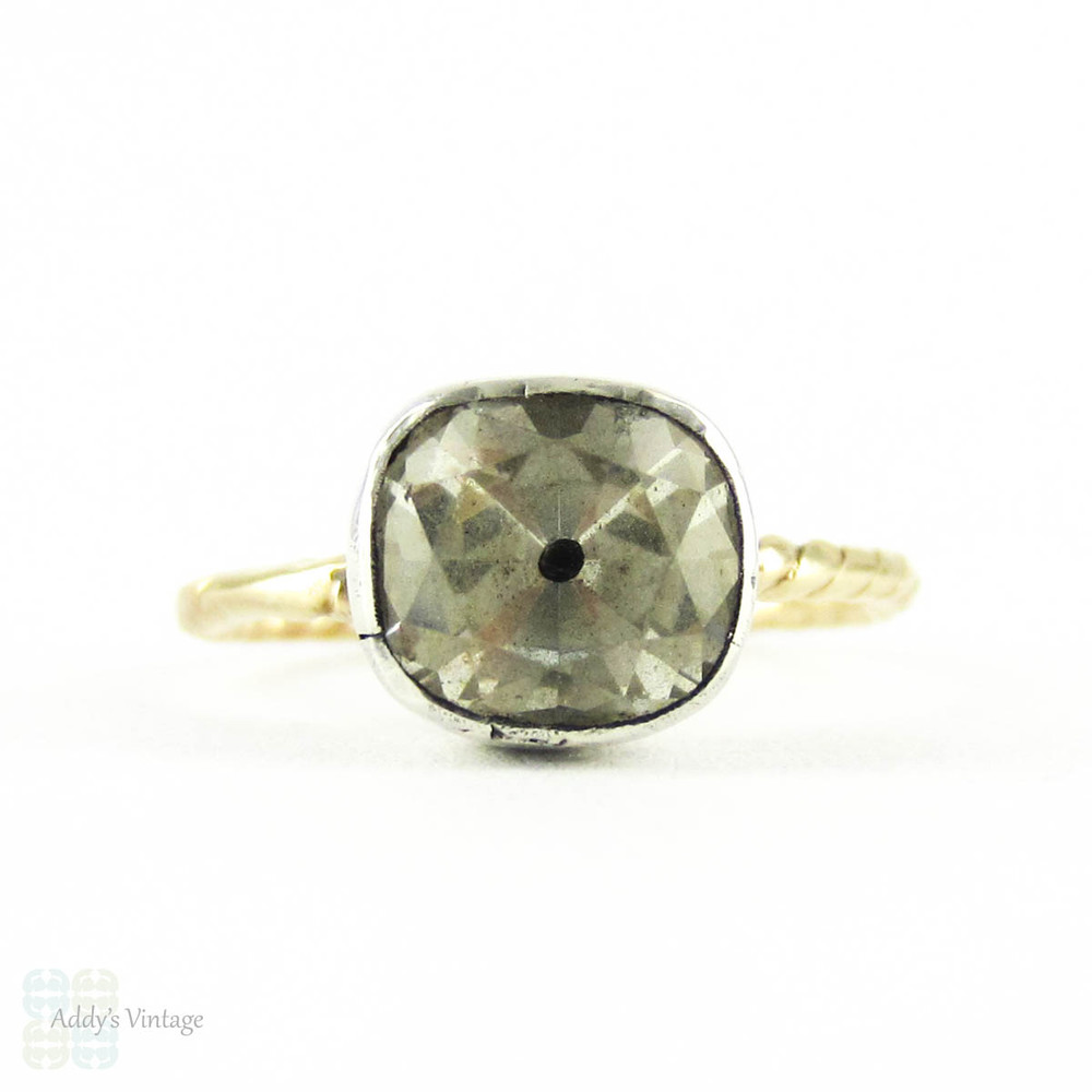 Georgian Black Dot Paste Ring, Silver Collet Set Antique Old Cut Paste with 9ct Twisted Band.
