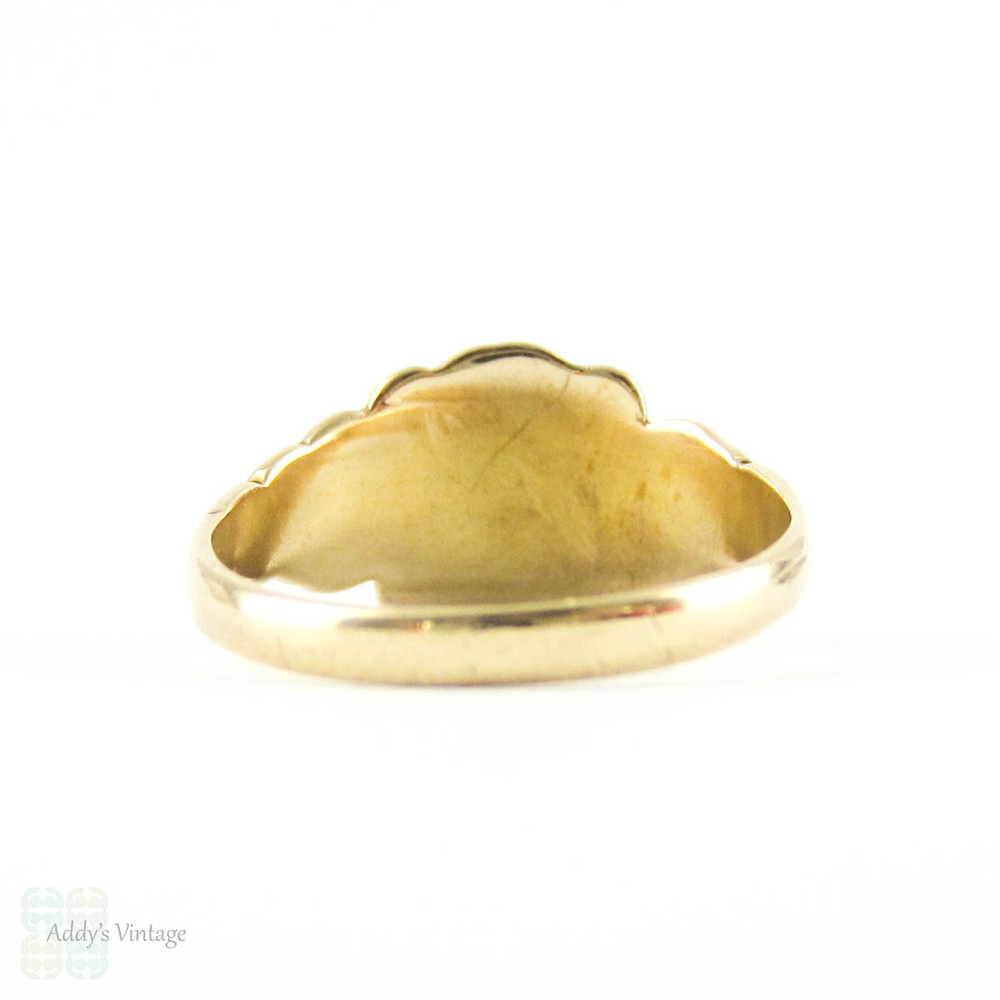 Art Deco Signet Ring by Ostby Barton, 10k Yellow Gold "RMW" Ladies Signet Ring with Engraved Flowers Circa 1920s.