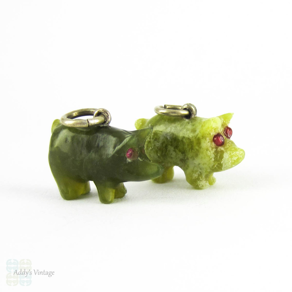 Antique Pig Charms, Pair of Green Jade & Irish Connemara Marble Lucky Pig Charms, Circa 1900.